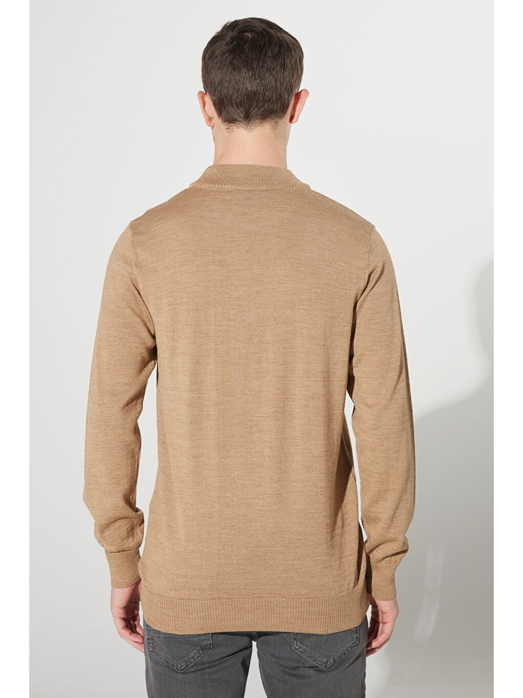 Bej Erkek Vizon Standart Fit Normal Kesim Yarım Balıkçı Yaka Yünlü Triko-6