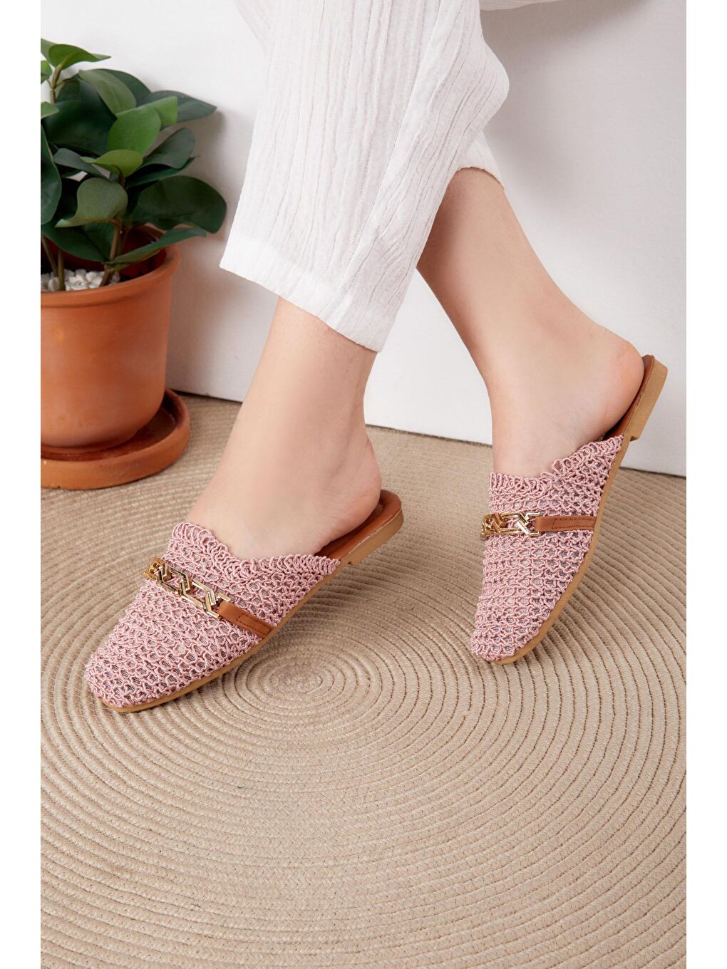Kadın Pembe Hasır Zincirli Terlik - 25534-1