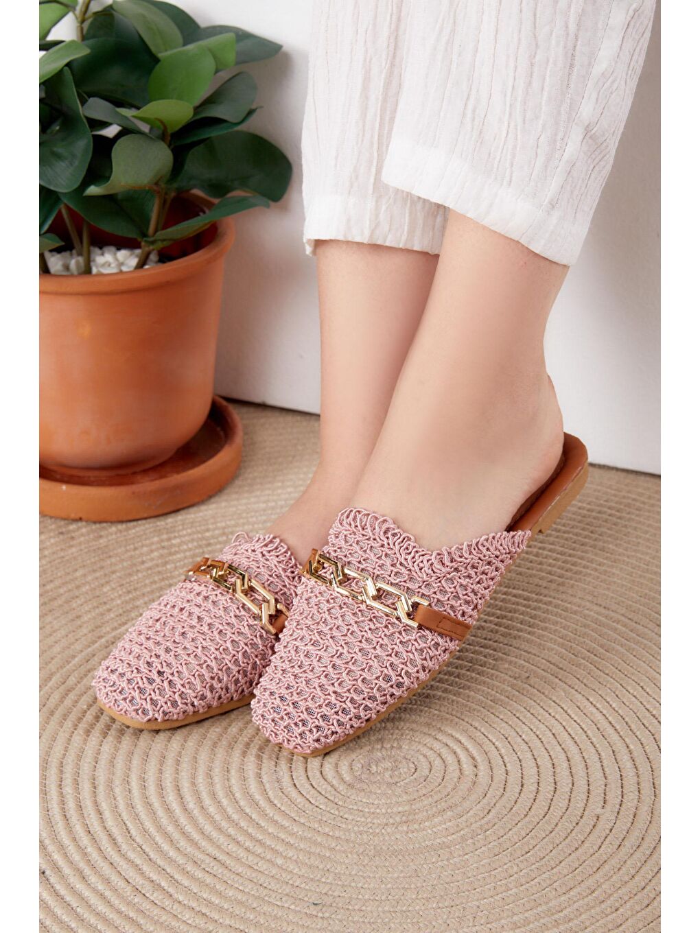 Kadın Pembe Hasır Zincirli Terlik - 25534-2