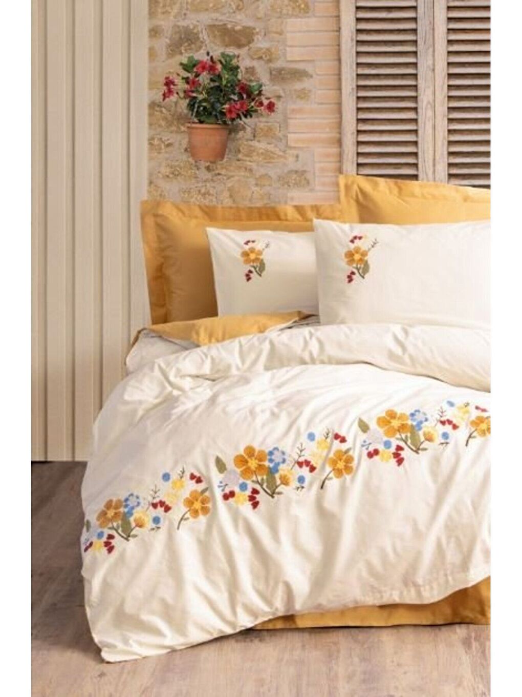 Karışık Pamuk Box Brode Serisi Çift Kişilik Nevresim Takımı Pamuya Hardal