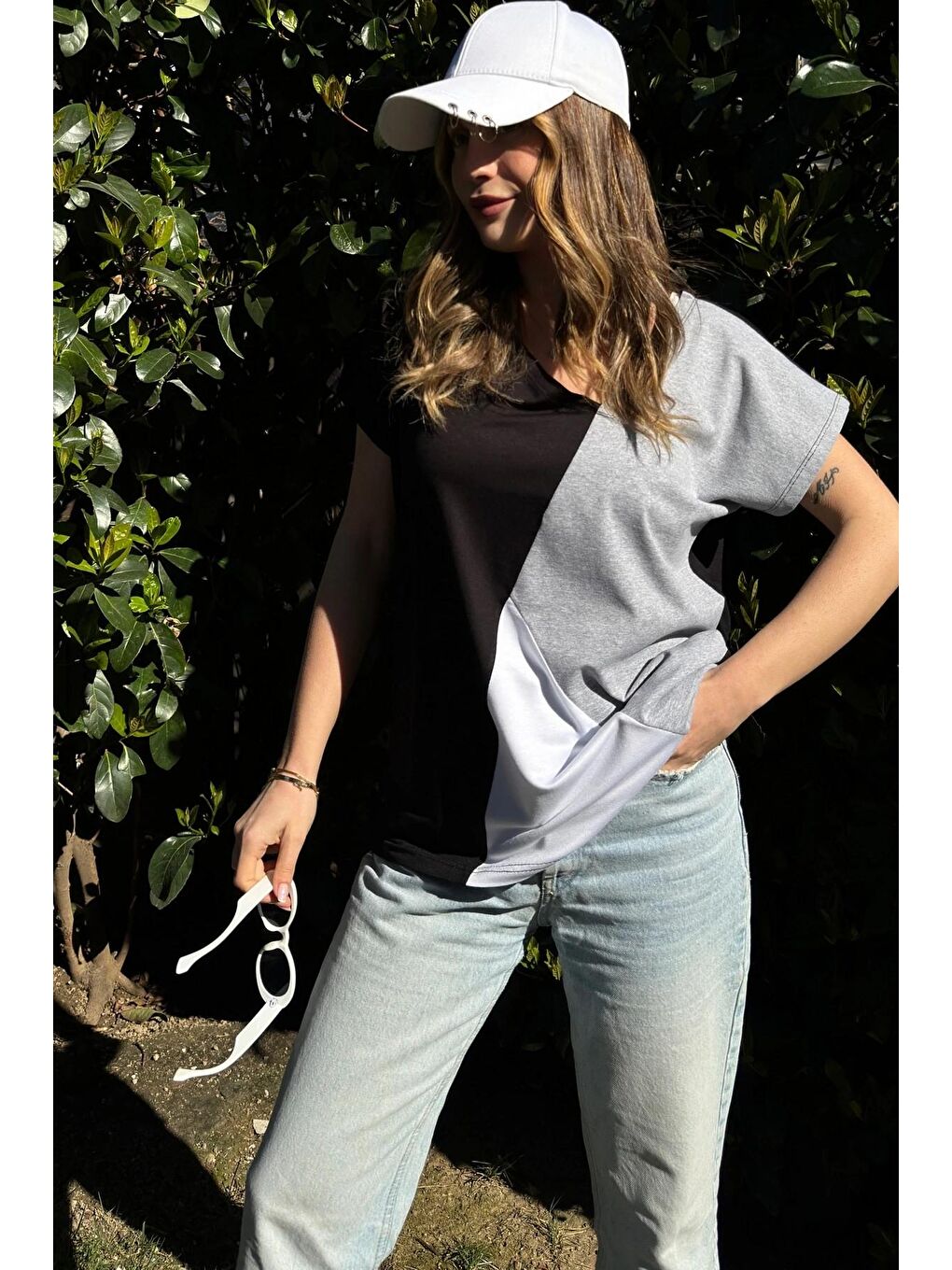 Siyah Blok Tasarım Salaş T-Shirt-1