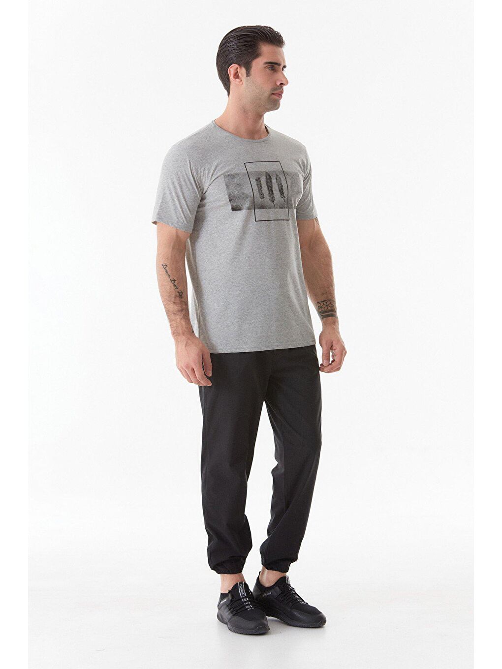 Gri Baskılı Bisiklet Yaka Tişört-2