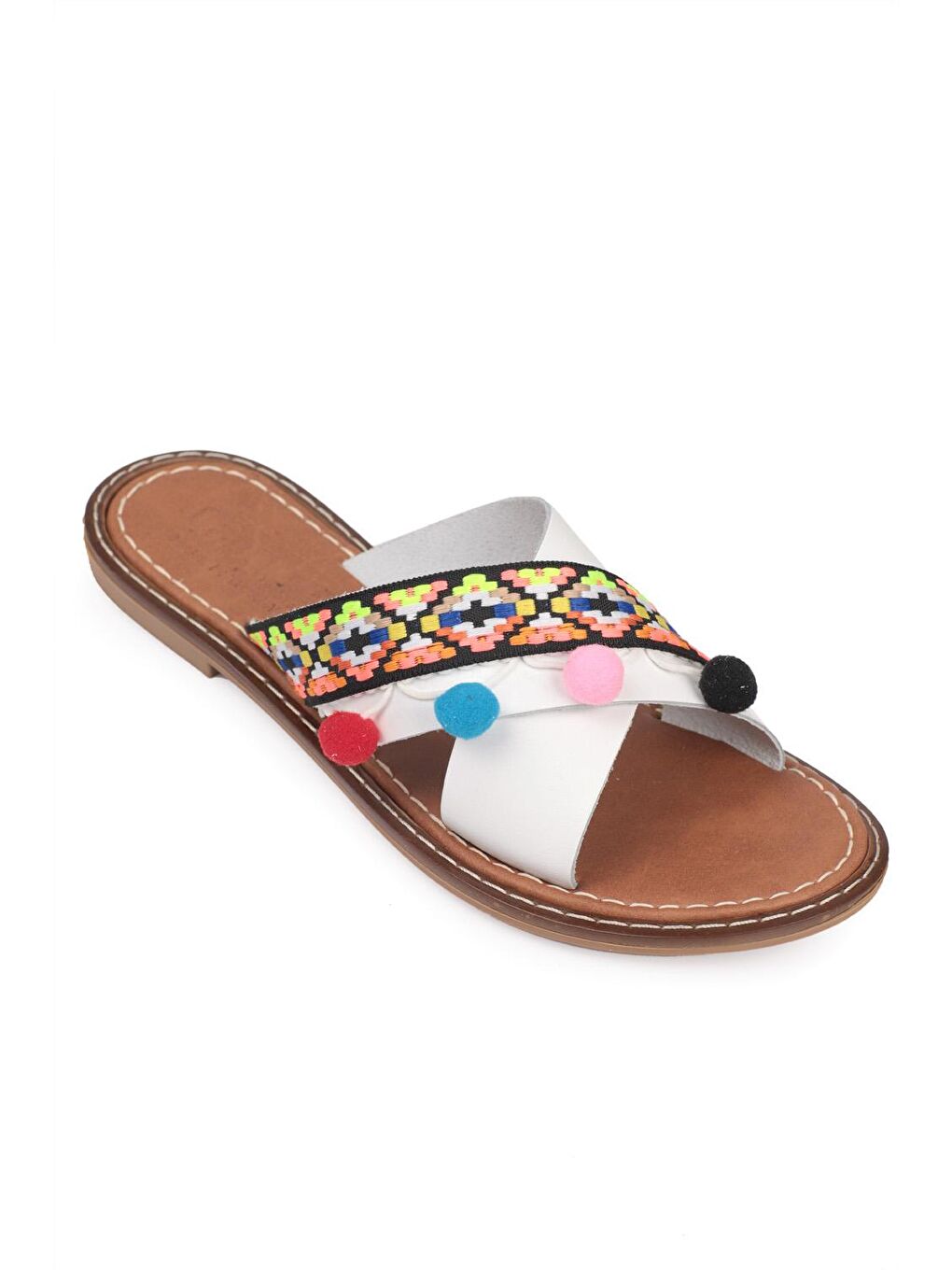 Beyaz 8084 Hakiki Deri Ponponlu Kadın Terlik-1