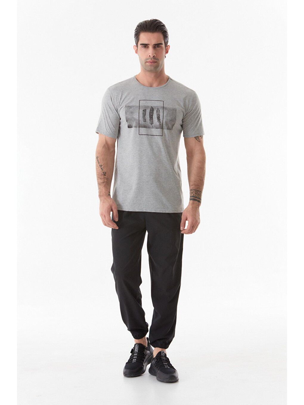 Gri Baskılı Bisiklet Yaka Tişört-4