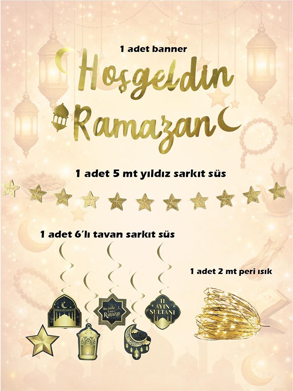 Karışık Hoşgeldin Ramazan Duvar Süsleri Led Işıklı Süsleme Seti-1