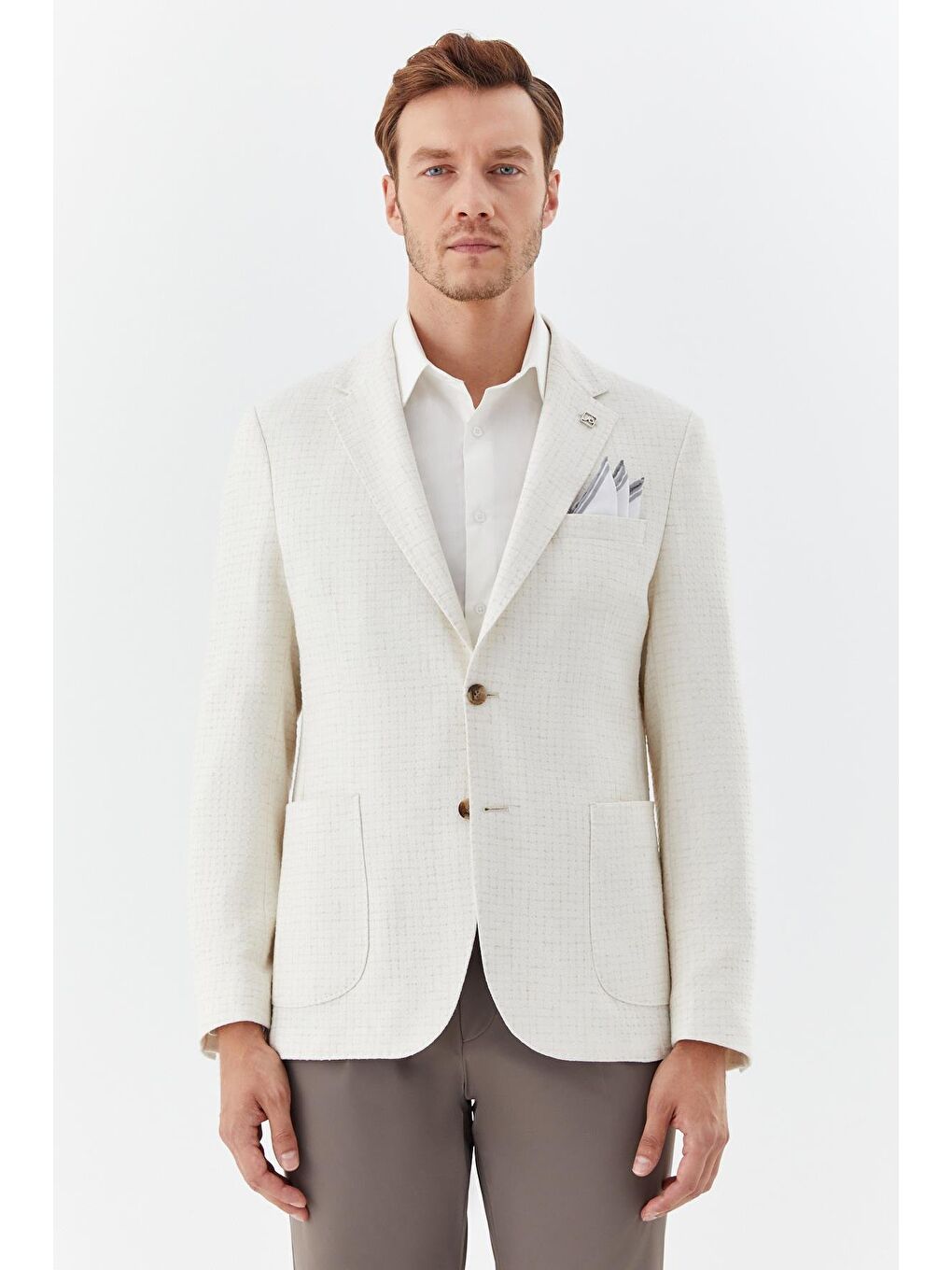 Ekru Mono Yaka Keten Karışımlı Blazer Erkek Ceket