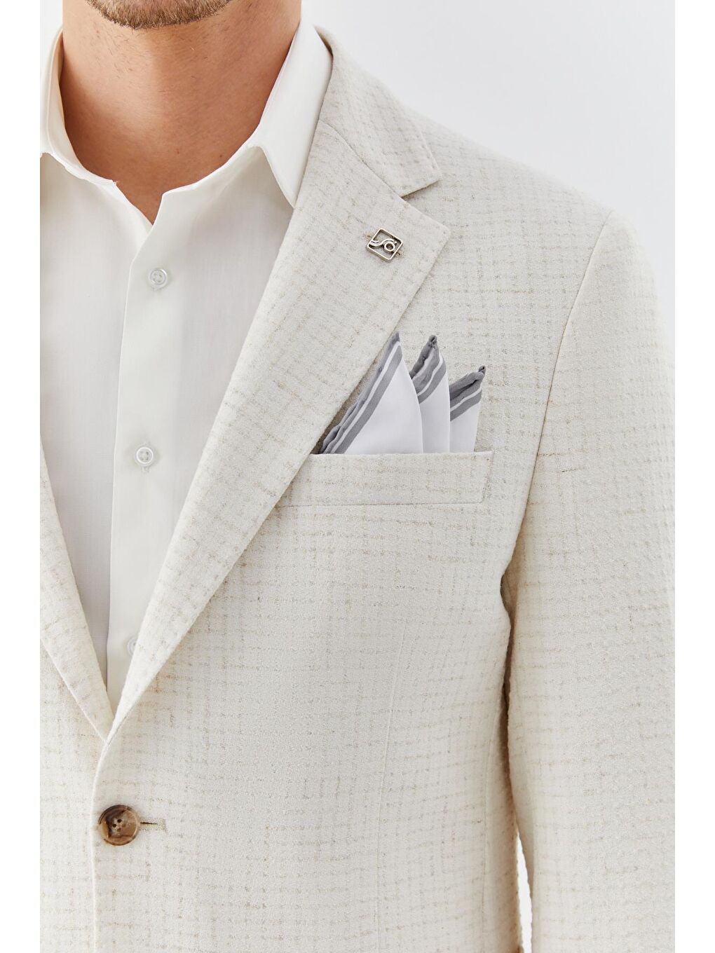 Ekru Mono Yaka Keten Karışımlı Blazer Erkek Ceket-2