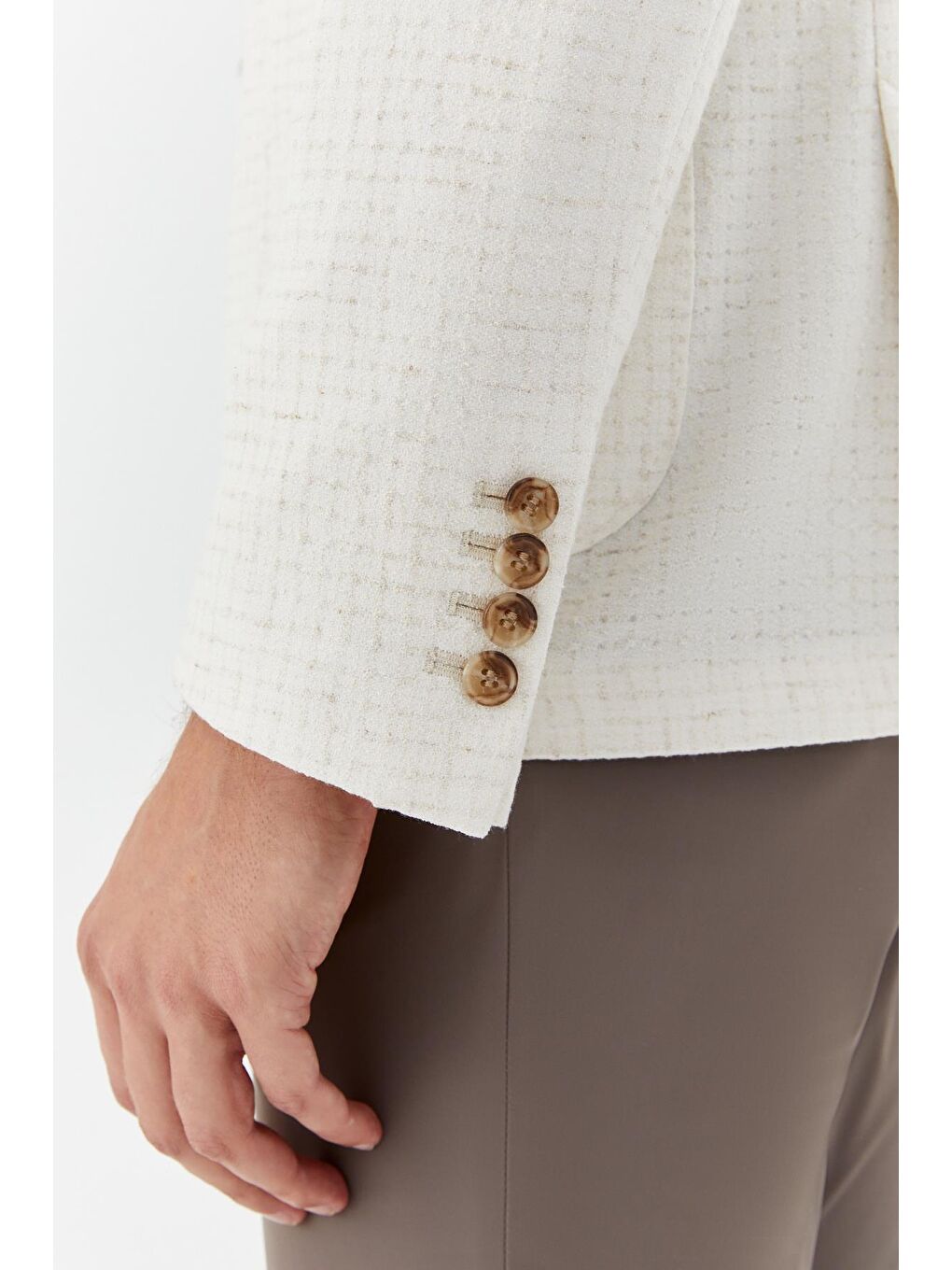 Ekru Mono Yaka Keten Karışımlı Blazer Erkek Ceket-3