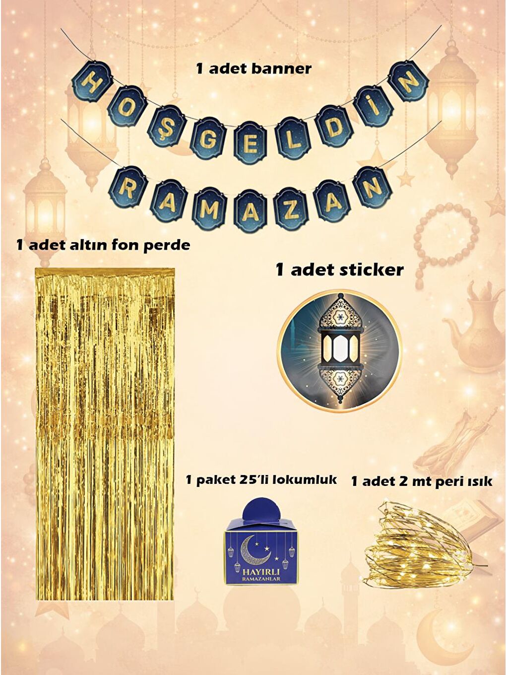 Karışık Hoşgeldin Ramazan Duvar Süsleme Seti Led Işıklı Set-1