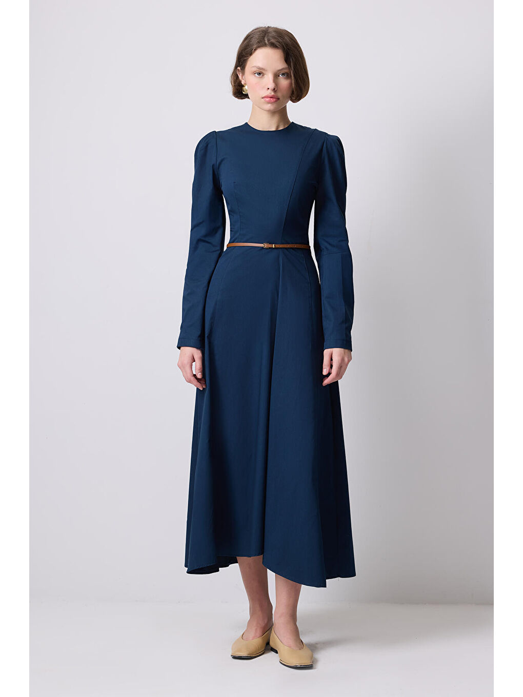 Lacivert Godeli Gabardin Elbise