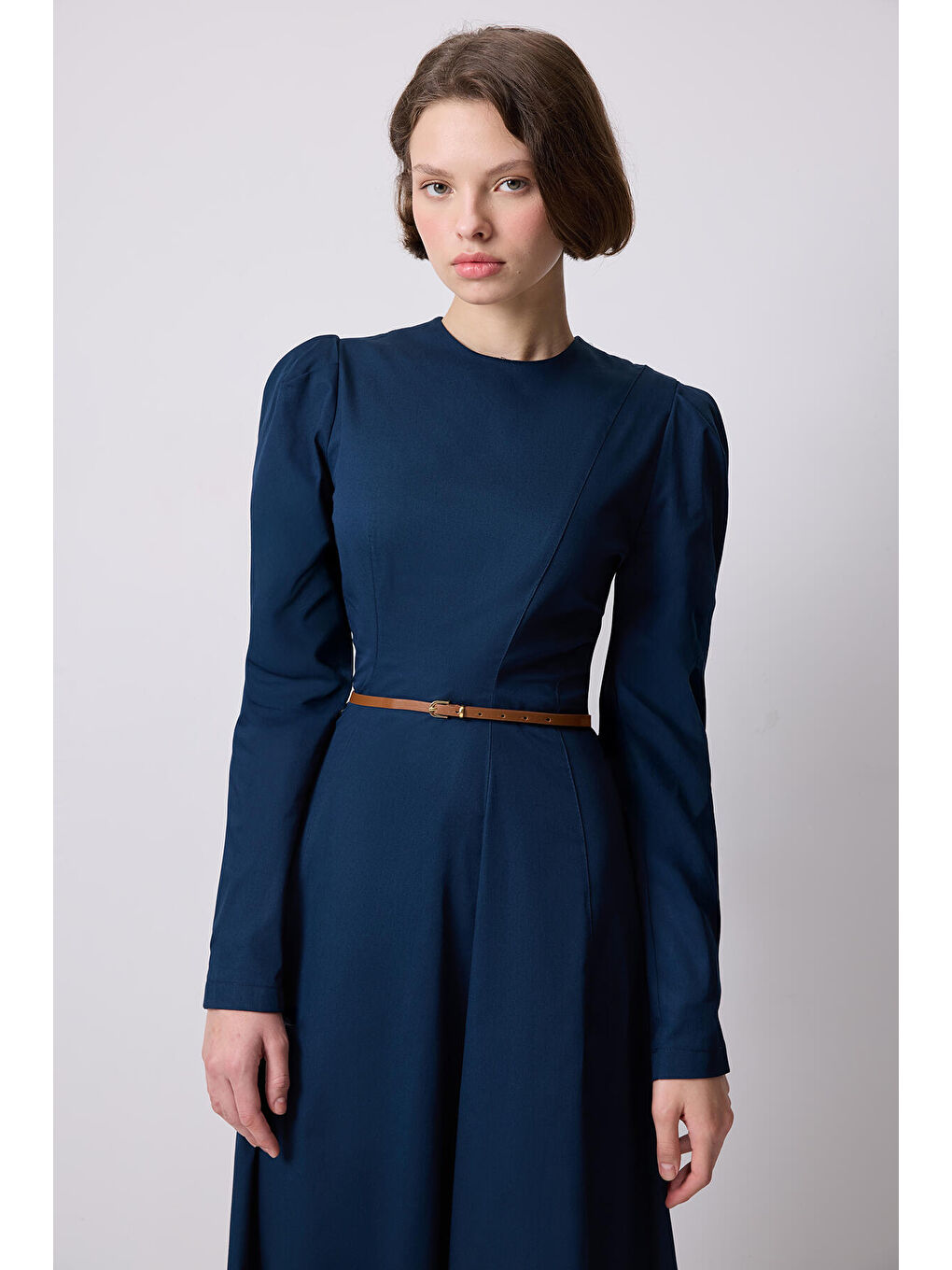 Lacivert Godeli Gabardin Elbise-1