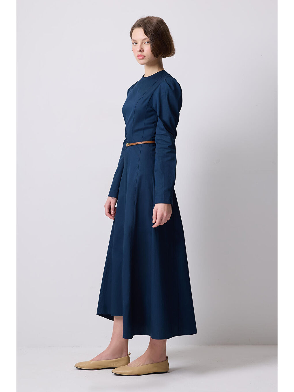 Lacivert Godeli Gabardin Elbise-2