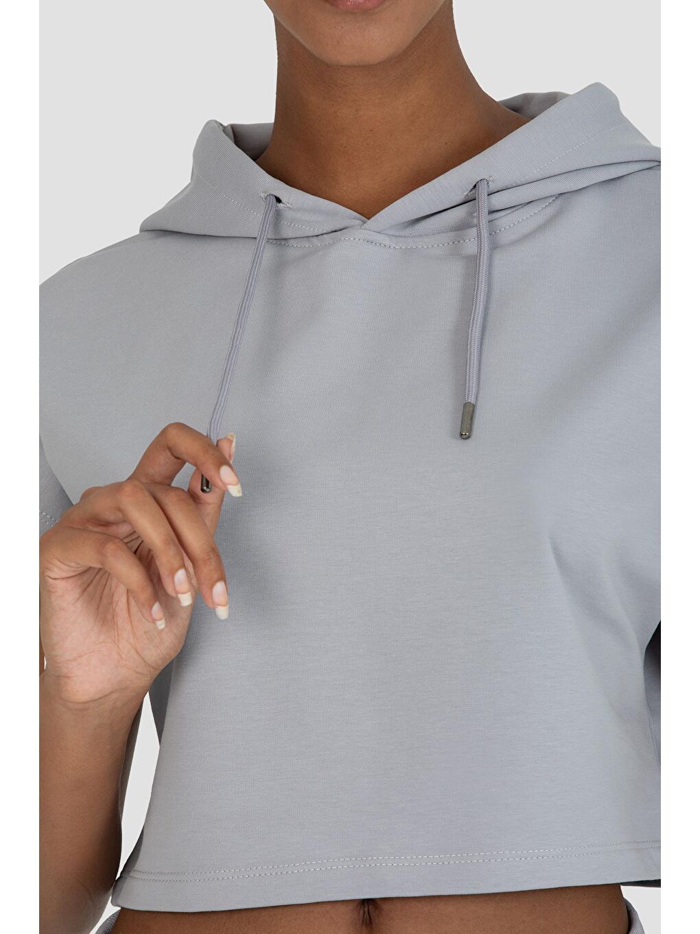Alice Kapüşonlu Kısa Kollu Gri Crop Sweatshirt-3