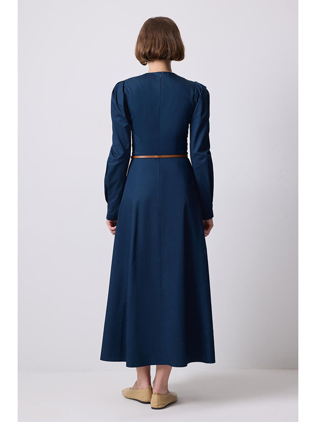 Lacivert Godeli Gabardin Elbise-3