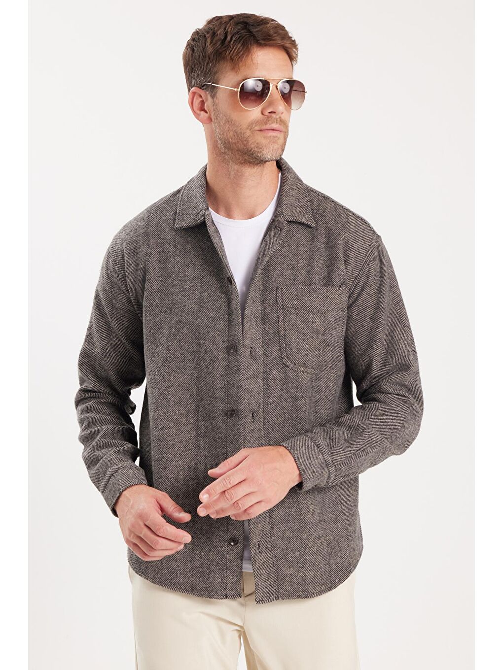 Bej Erkek Relax Fit Rahat Kesim Oduncu Tek Cepli Armürlü Vizon Apaş Yaka Kışlık Gömlek