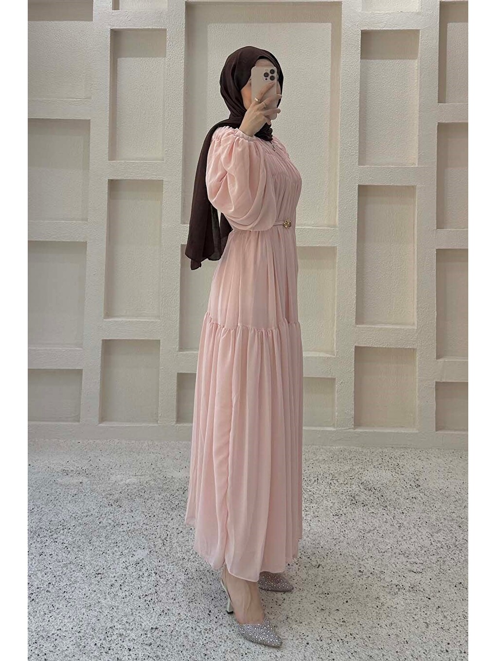 Kat Detaylı Şifon Elbise Pembe-1