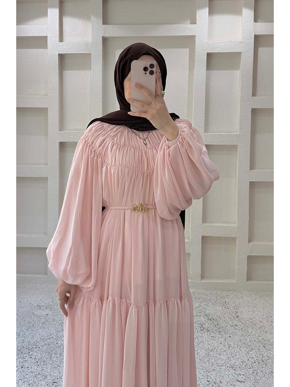 Kat Detaylı Şifon Elbise Pembe-2