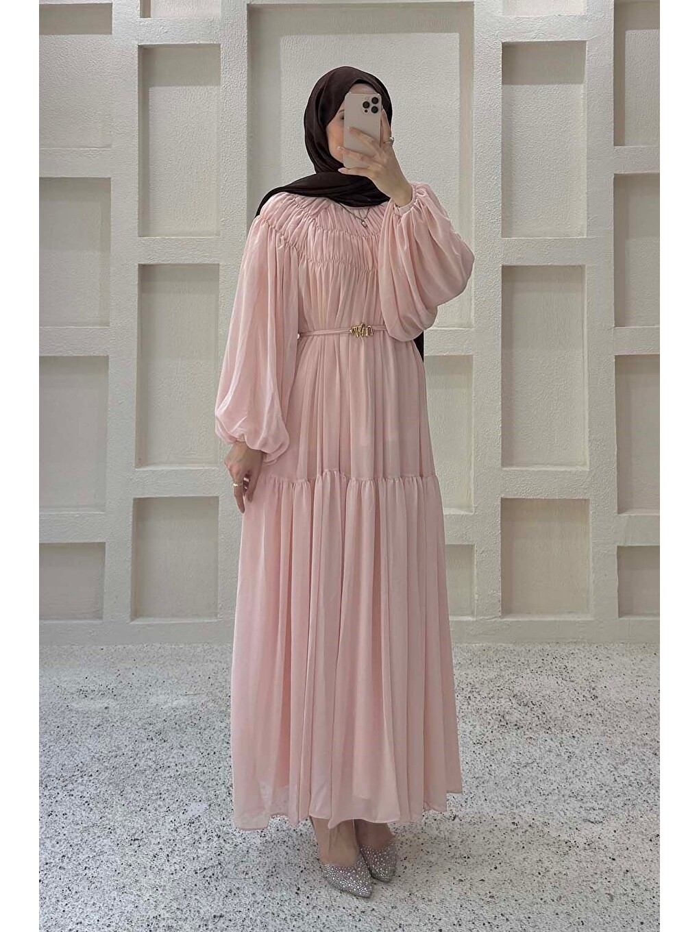 Kat Detaylı Şifon Elbise Pembe-3