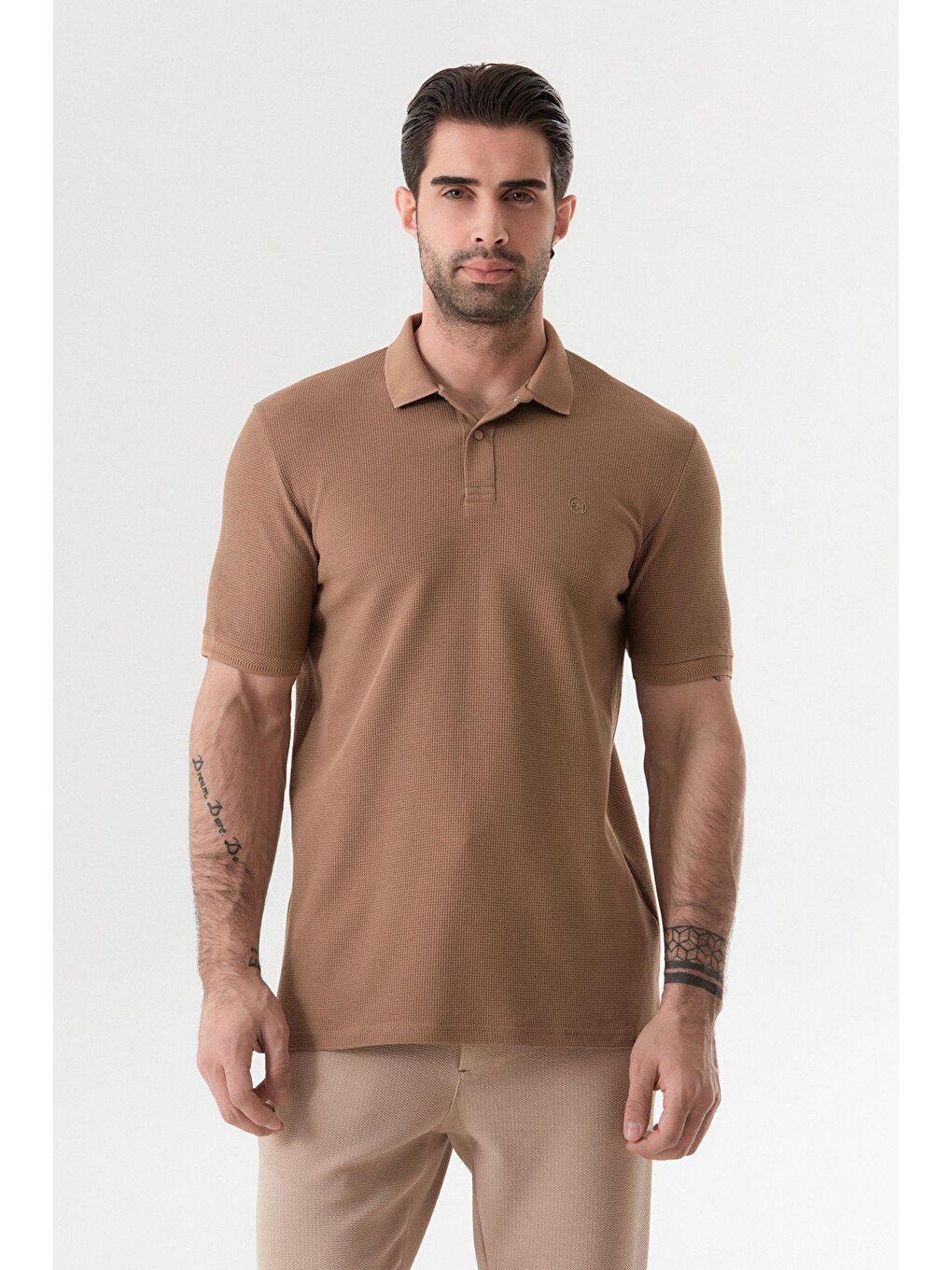 Kahverengi Baskılı Waffle Kumaş Polo Yaka Tişört