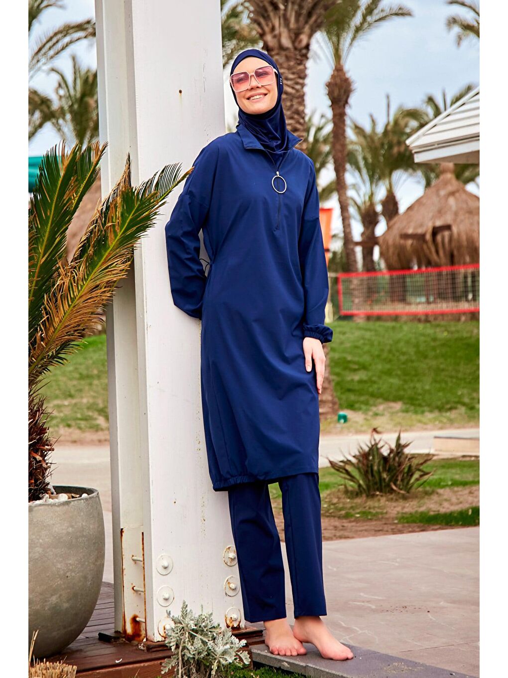 Paraşüt Kumaş Lacivert Tam Kapalı Tesettür Mayo M2403