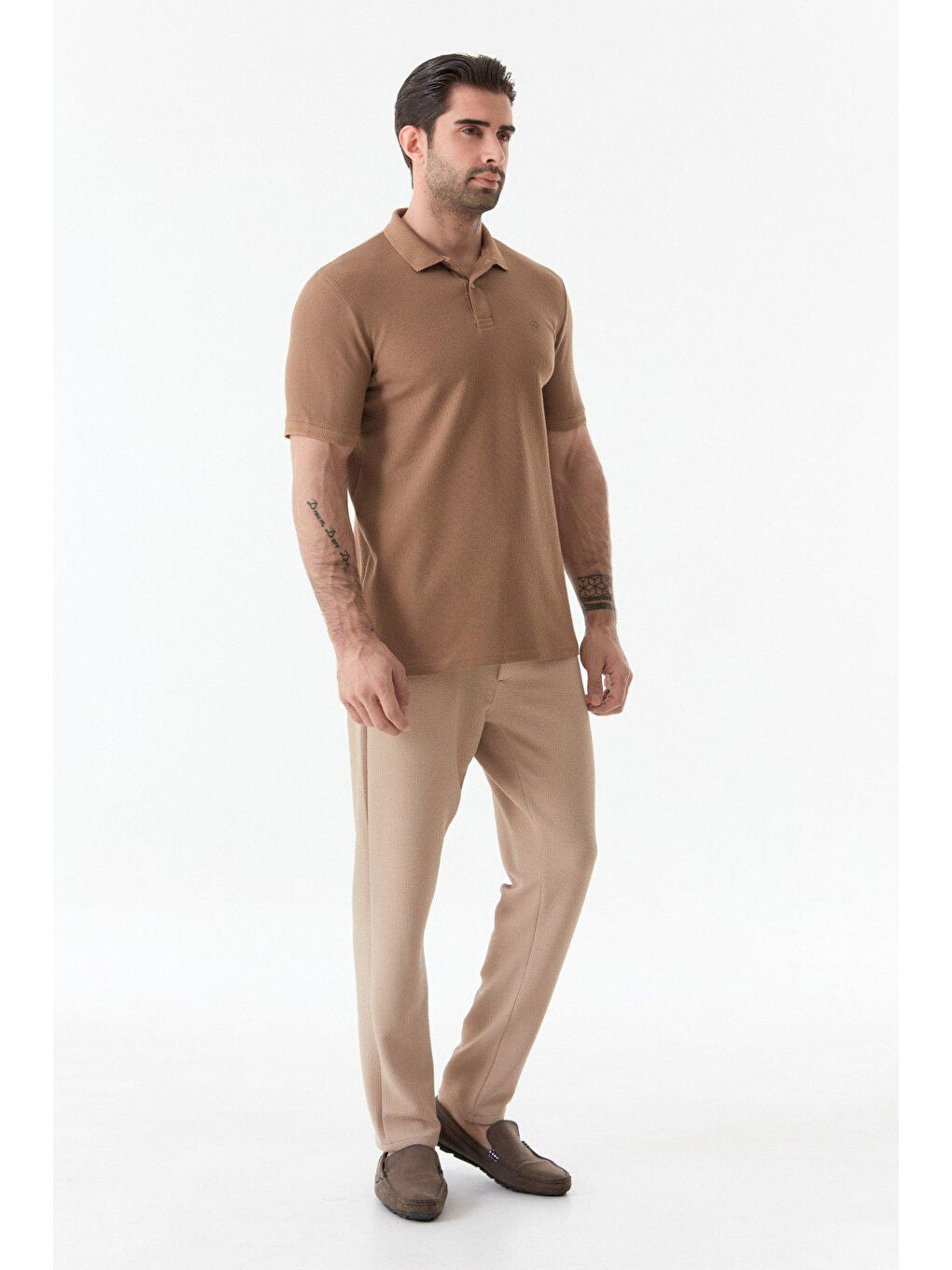 Kahverengi Baskılı Waffle Kumaş Polo Yaka Tişört-1