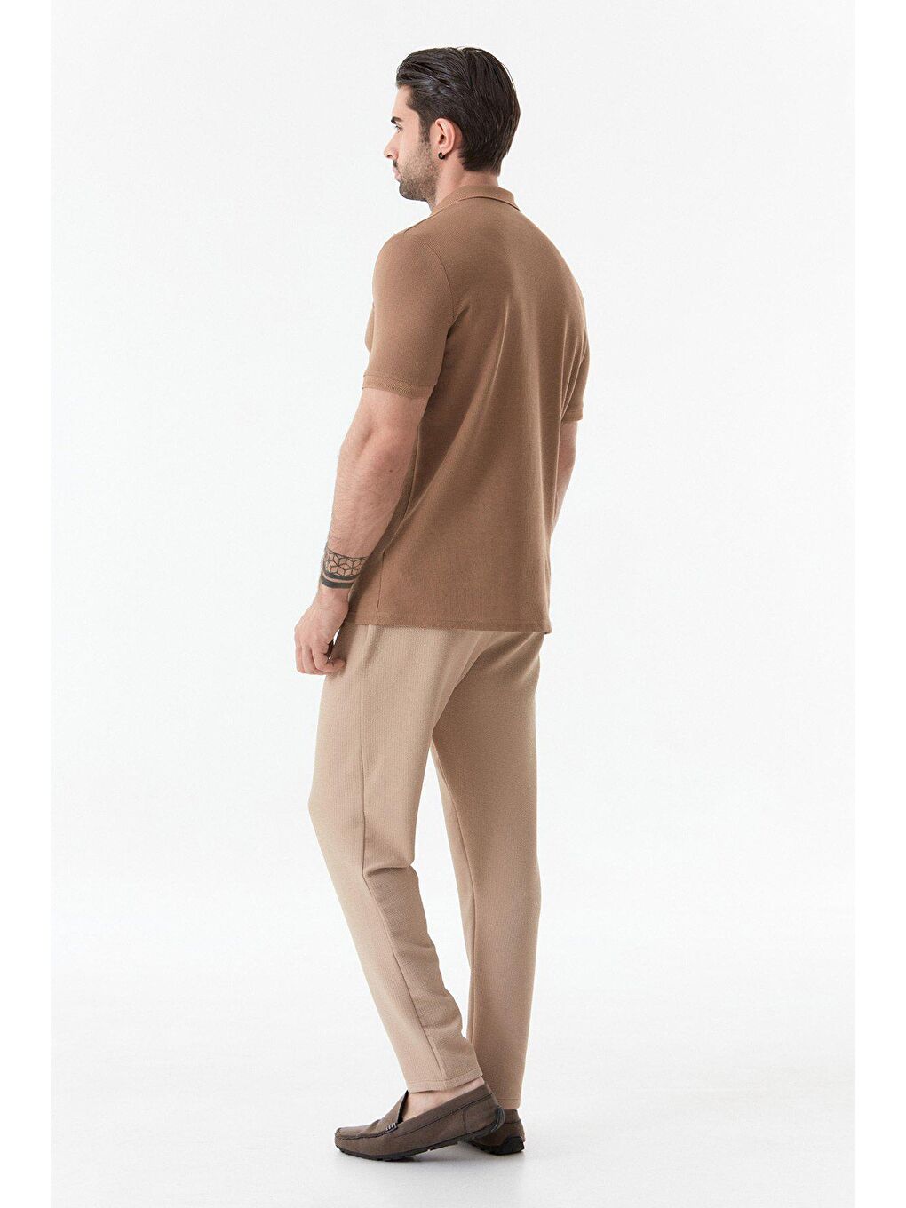 Kahverengi Baskılı Waffle Kumaş Polo Yaka Tişört-2