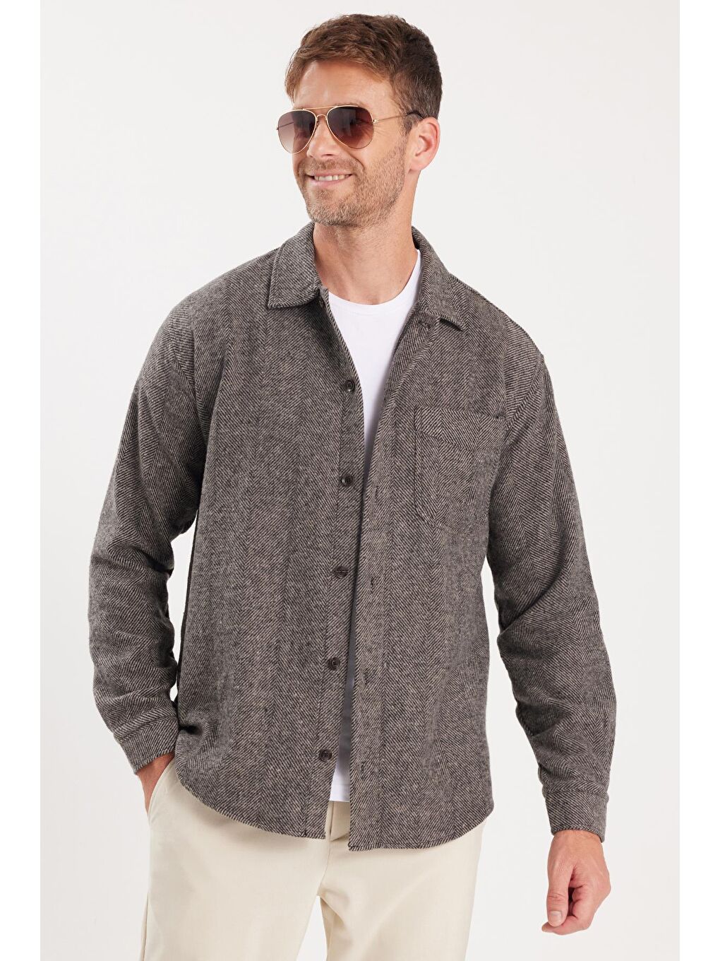 Bej Erkek Relax Fit Rahat Kesim Oduncu Tek Cepli Armürlü Vizon Apaş Yaka Kışlık Gömlek-3