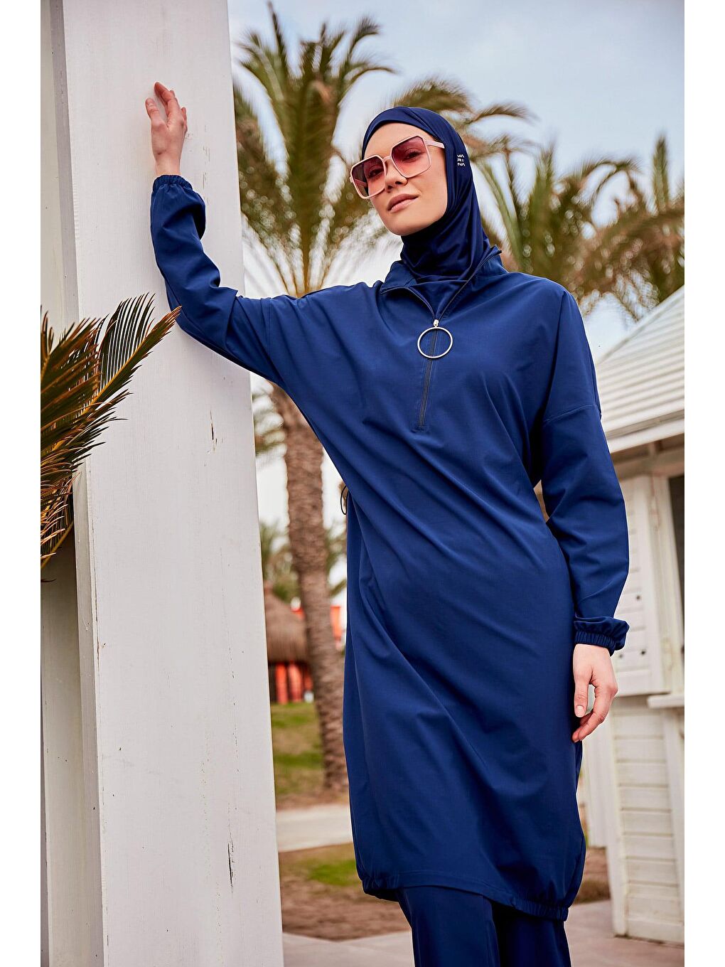 Paraşüt Kumaş Lacivert Tam Kapalı Tesettür Mayo M2403-1