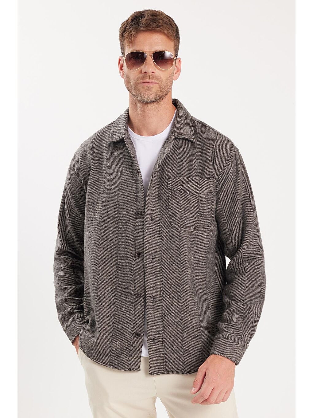 Bej Erkek Relax Fit Rahat Kesim Oduncu Tek Cepli Armürlü Vizon Apaş Yaka Kışlık Gömlek-4