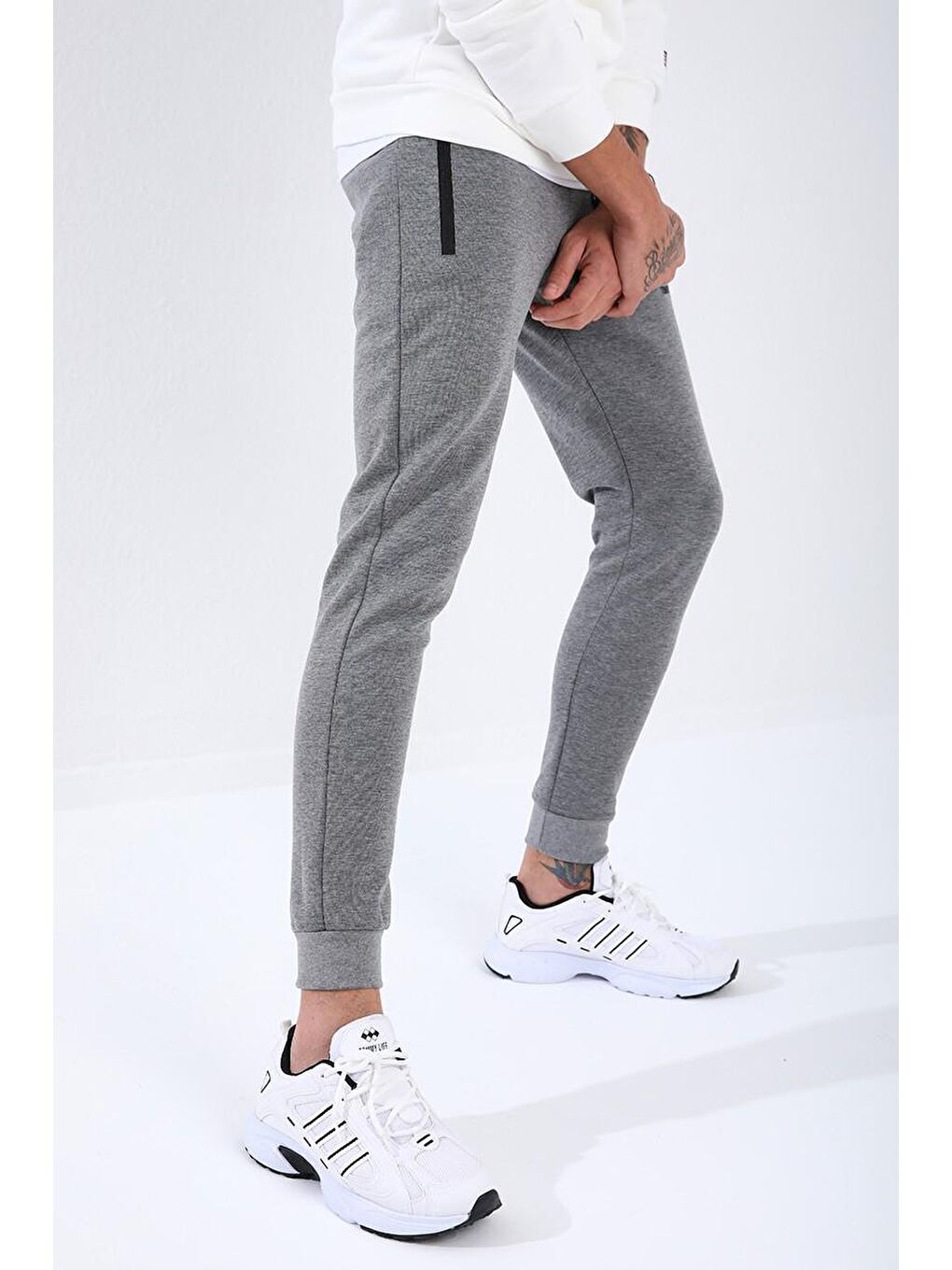 Gri Melanj Ters Fermuarlı Standart Kalıp Manşetli Erkek Eşofman Alt - 84702