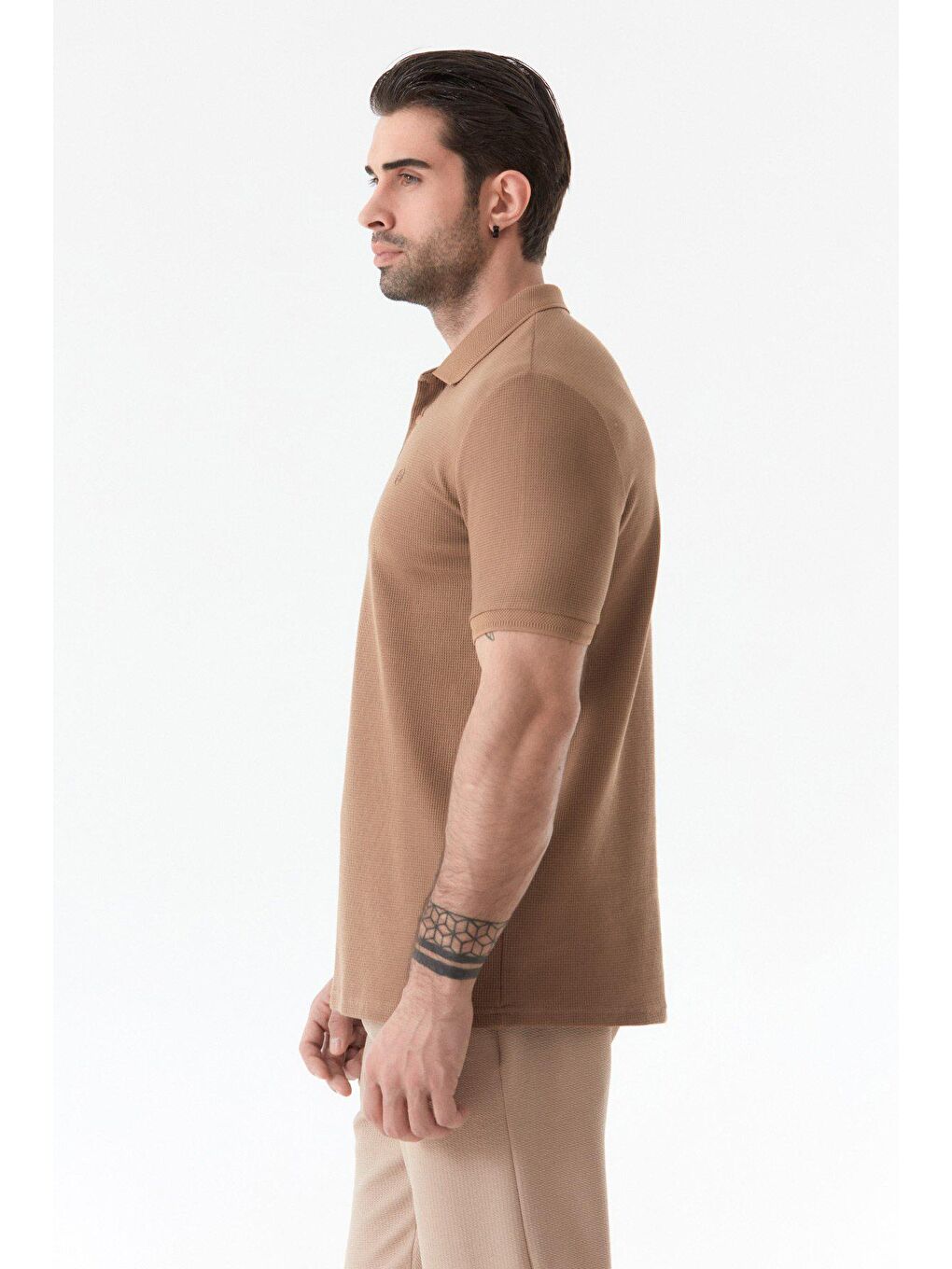 Kahverengi Baskılı Waffle Kumaş Polo Yaka Tişört-3