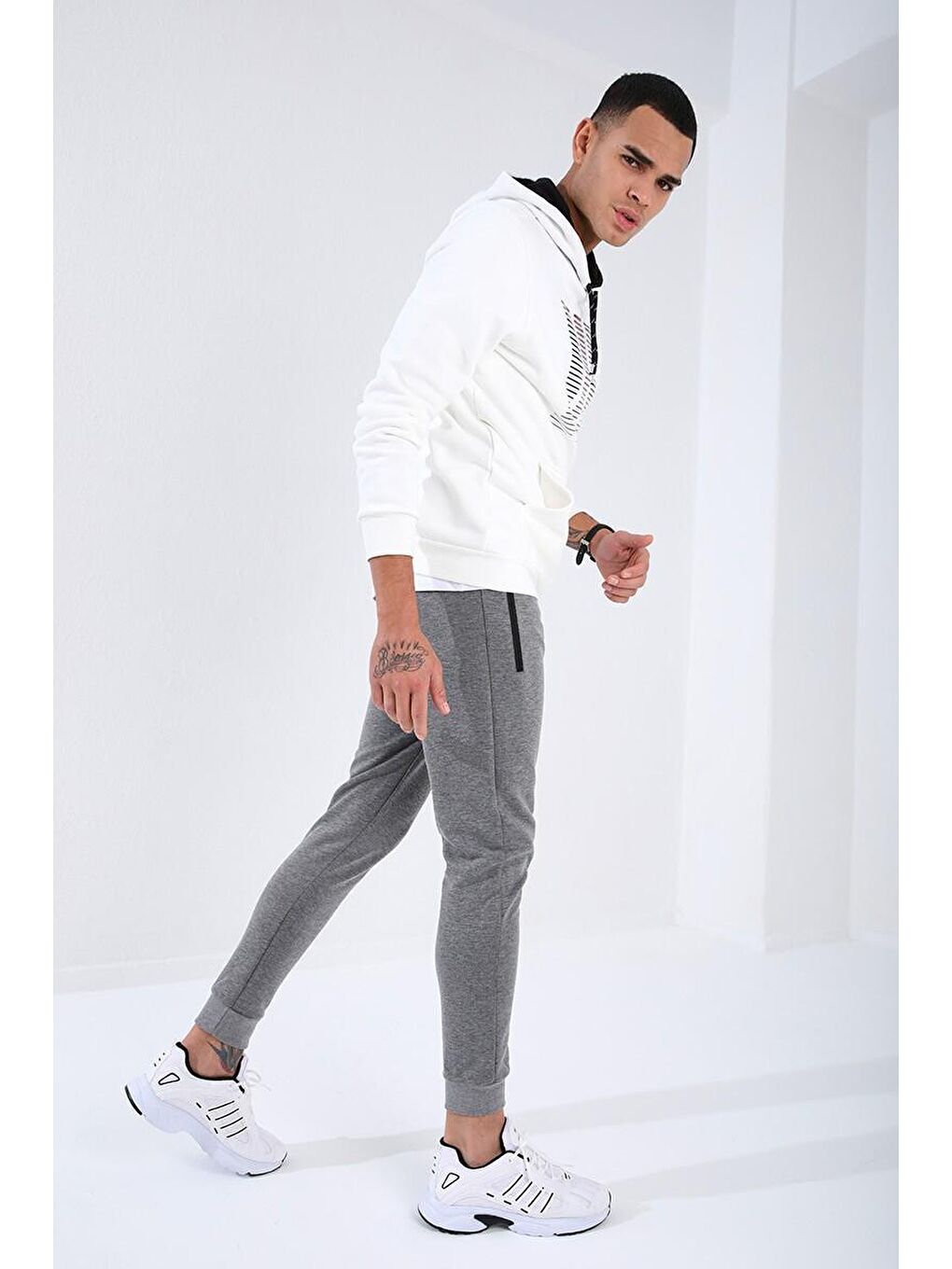 Gri Melanj Ters Fermuarlı Standart Kalıp Manşetli Erkek Eşofman Alt - 84702-1