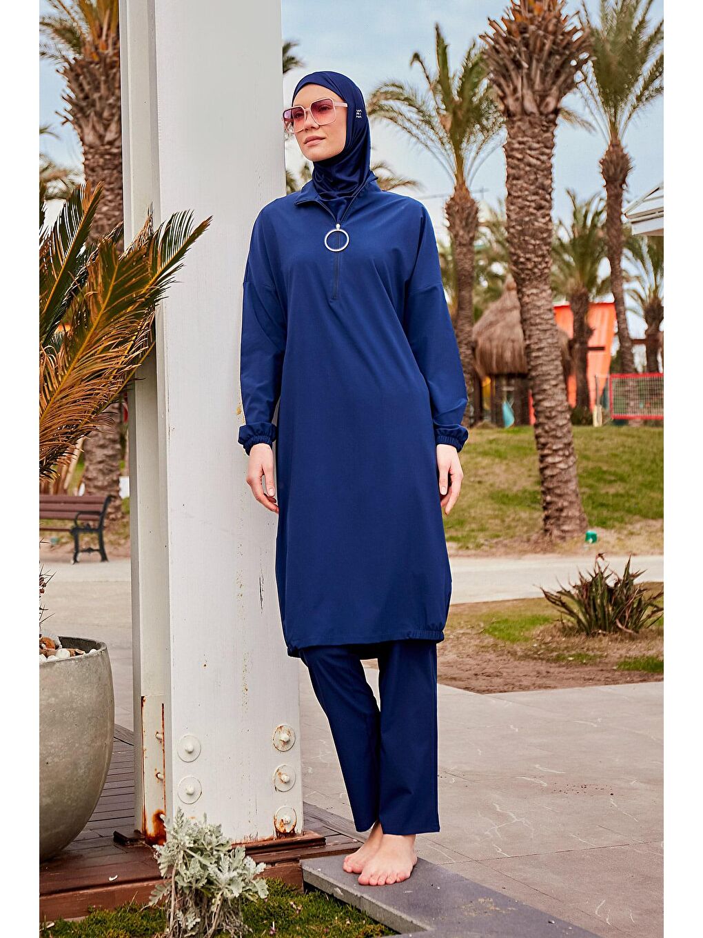 Paraşüt Kumaş Lacivert Tam Kapalı Tesettür Mayo M2403-2
