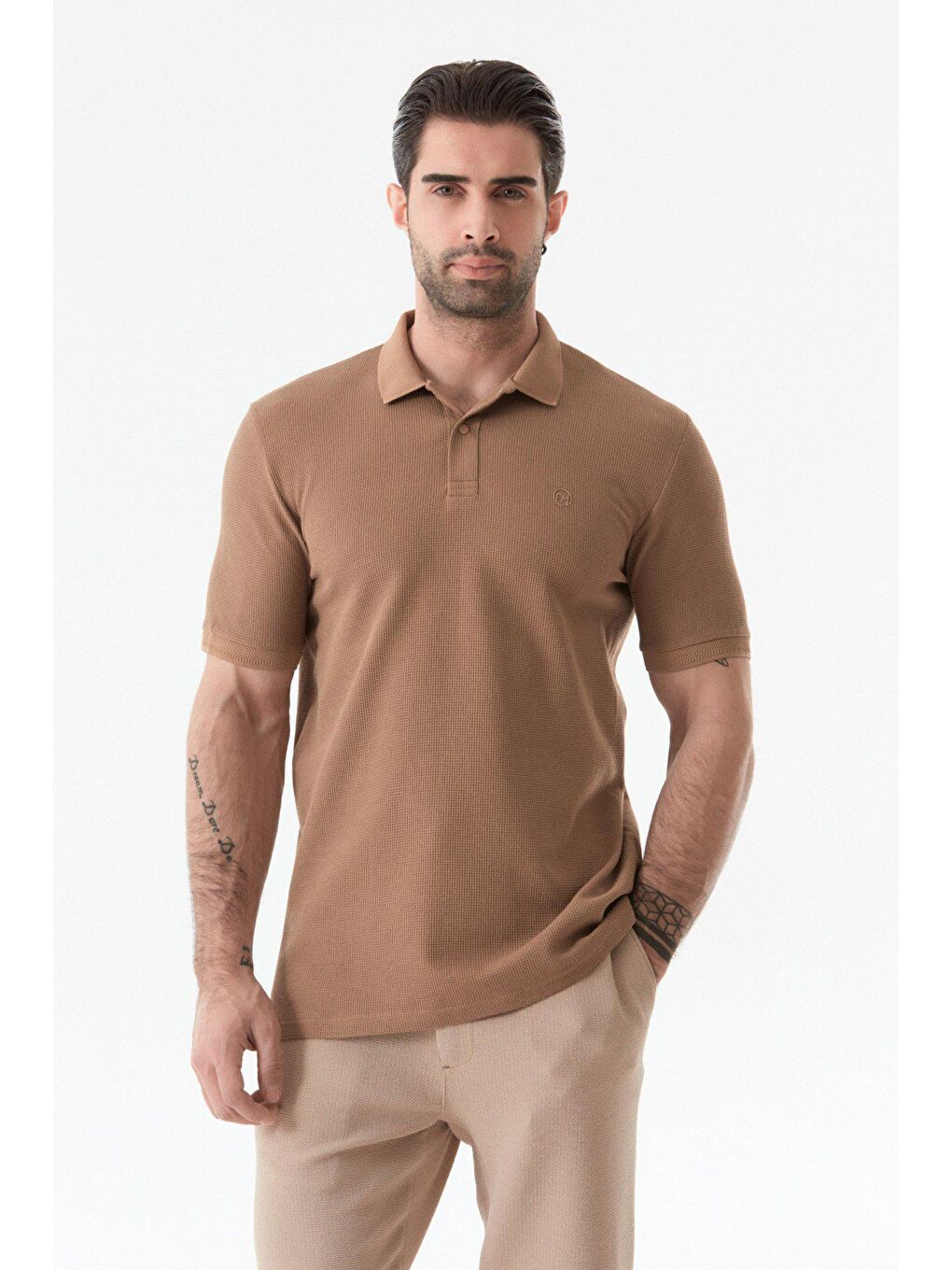 Kahverengi Baskılı Waffle Kumaş Polo Yaka Tişört-4