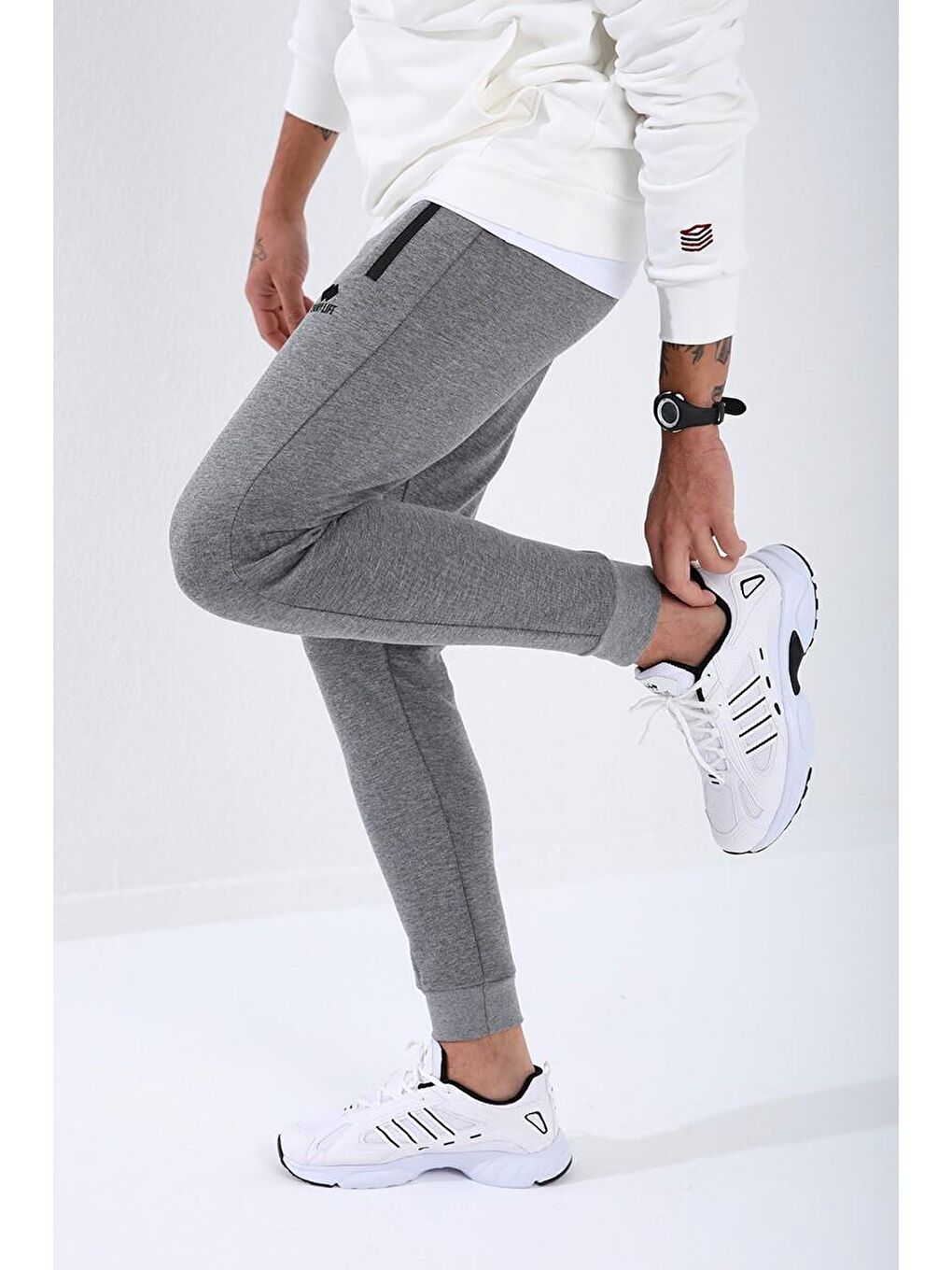 Gri Melanj Ters Fermuarlı Standart Kalıp Manşetli Erkek Eşofman Alt - 84702-2