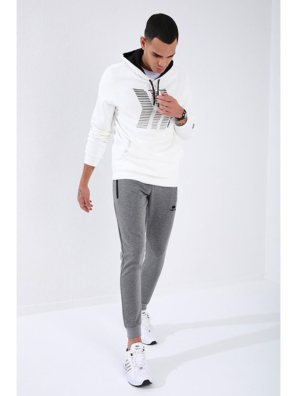 Gri Melanj Ters Fermuarlı Standart Kalıp Manşetli Erkek Eşofman Alt - 84702-4