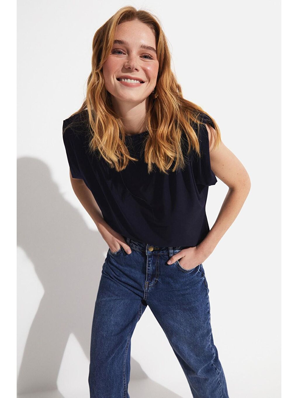 Lacivert Kadın Normal Kalıp Bisiklet Yaka Kol Detaylı Örme Bluz-2