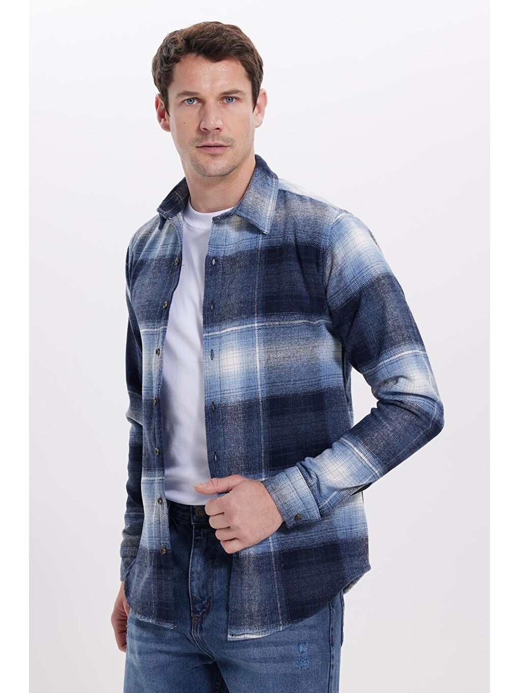 Mavi Erkek Slim Fit Dar Kesim Kareli Kışlık Oduncu Gömlek