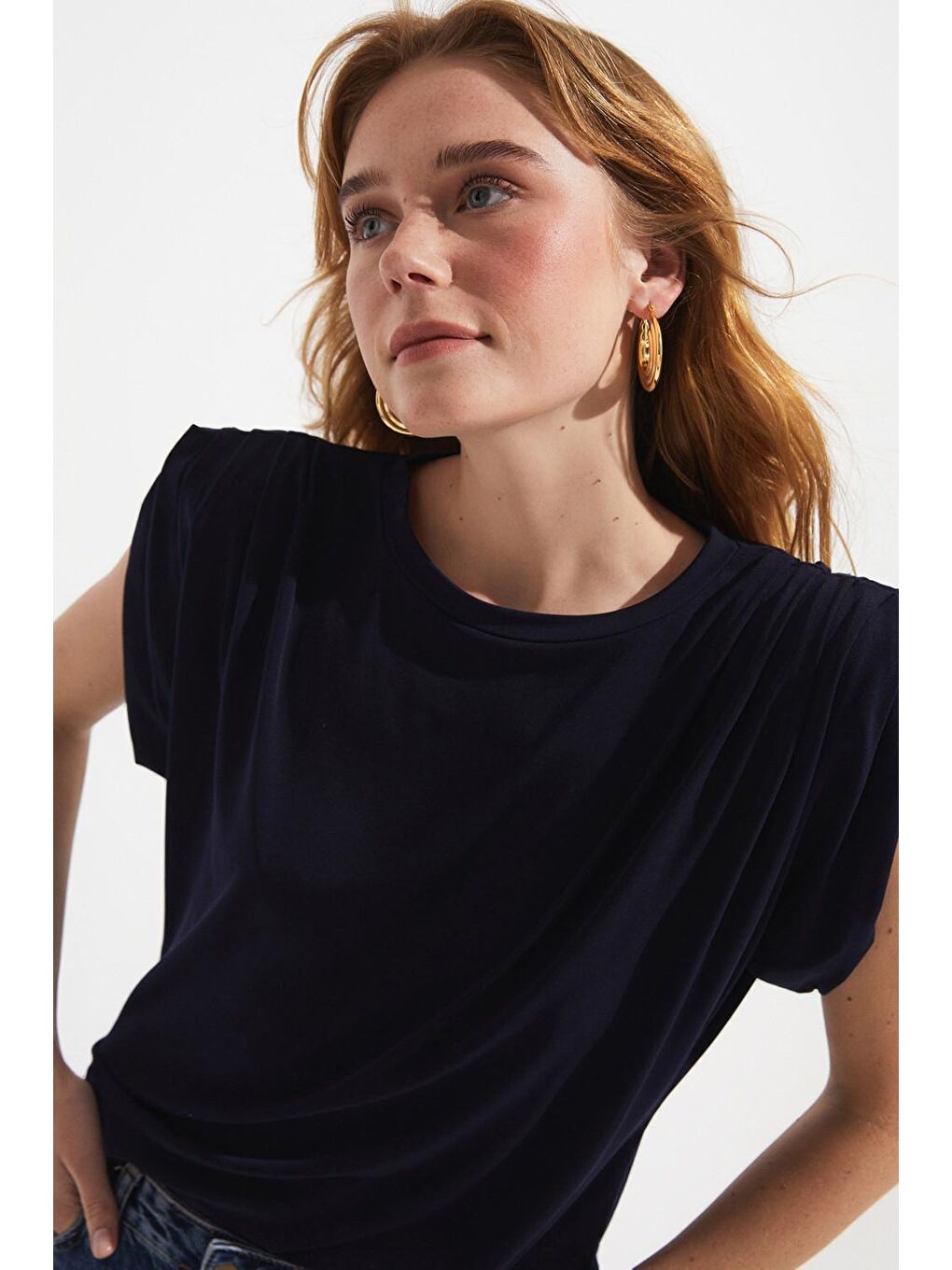 Lacivert Kadın Normal Kalıp Bisiklet Yaka Kol Detaylı Örme Bluz-3