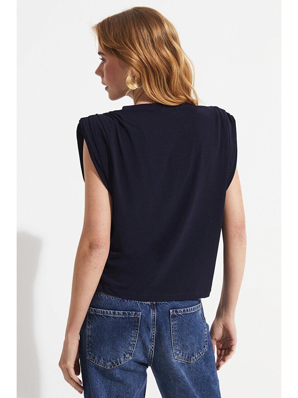 Lacivert Kadın Normal Kalıp Bisiklet Yaka Kol Detaylı Örme Bluz-4