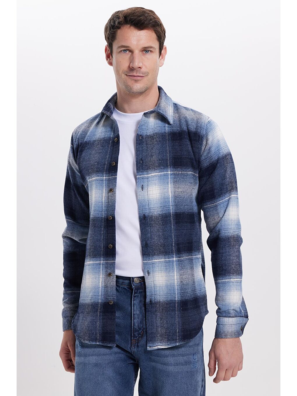 Mavi Erkek Slim Fit Dar Kesim Kareli Kışlık Oduncu Gömlek-1
