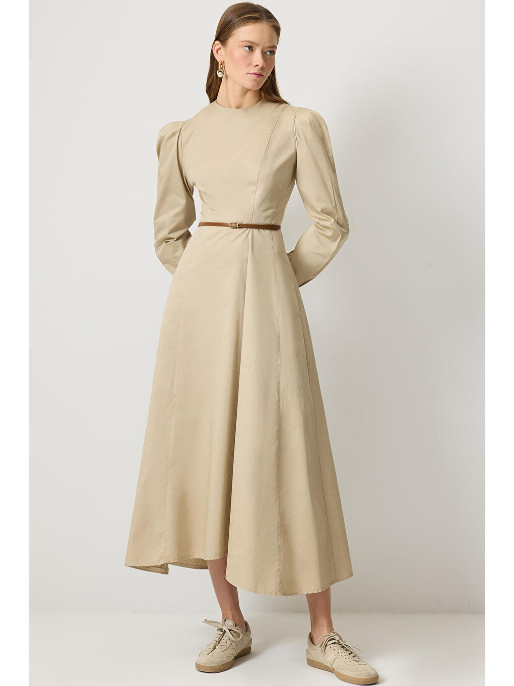 Bej Godeli Gabardin Elbise