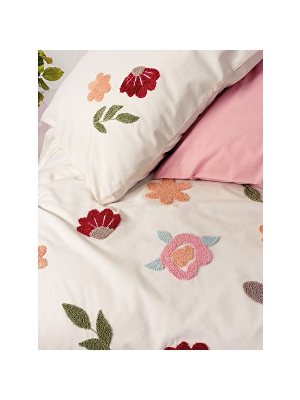 Karışık Pamuk Box Puff Nakışlı Çift Kişilik Nevresim Takımı Blossom Somon-1