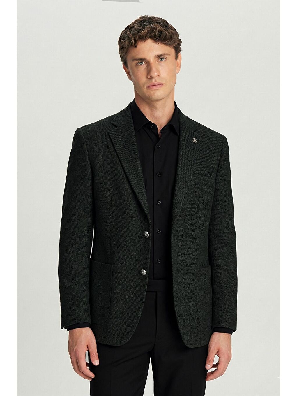 Yeşil Slim Fit Yün Karışımlı Mono Yaka Desenli Erkek Ceket