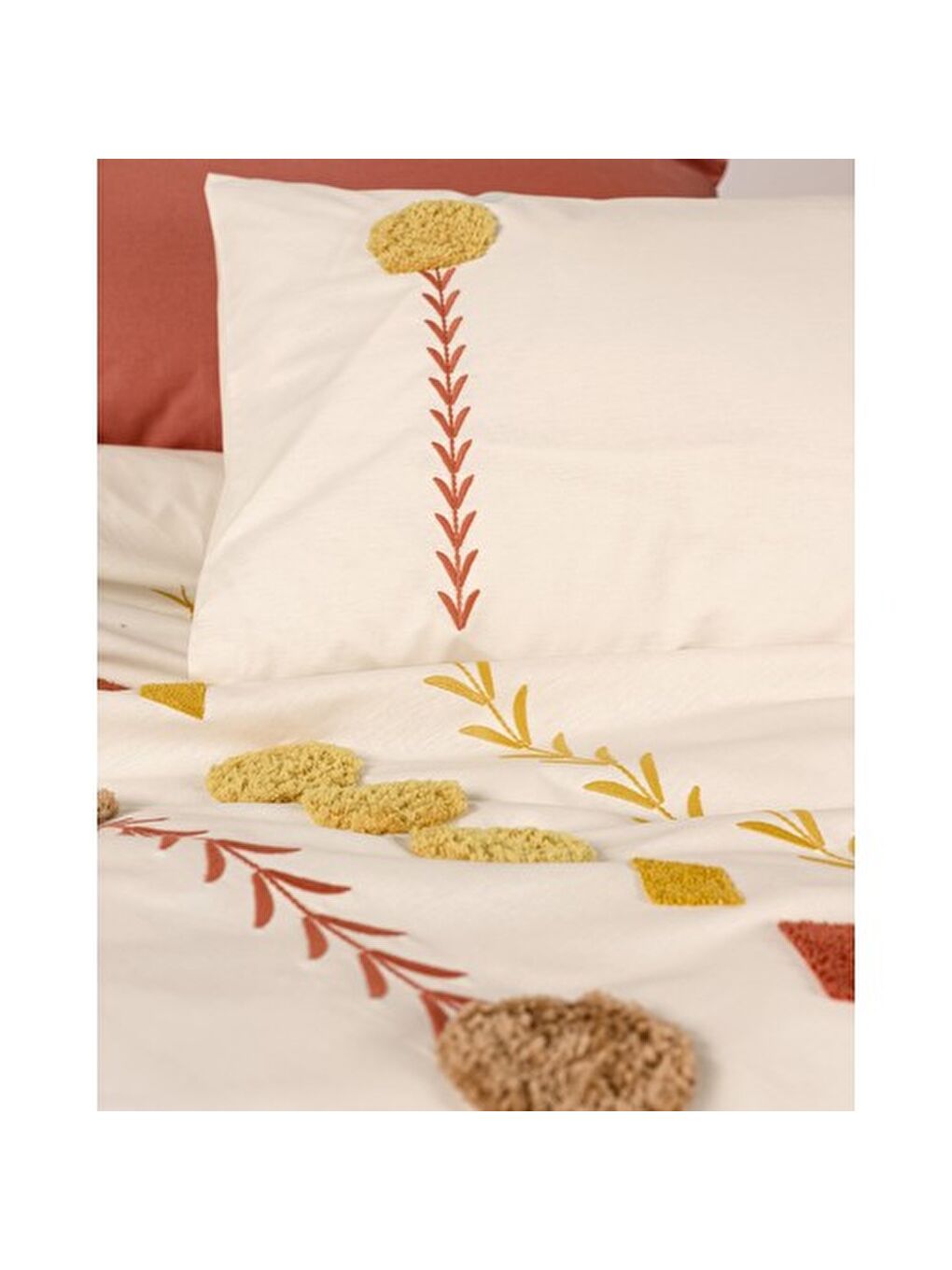 Karışık Pamuk Box Puff Nakışlı Çift Kişilik Nevresim Takımı Amaris Kiremit-1
