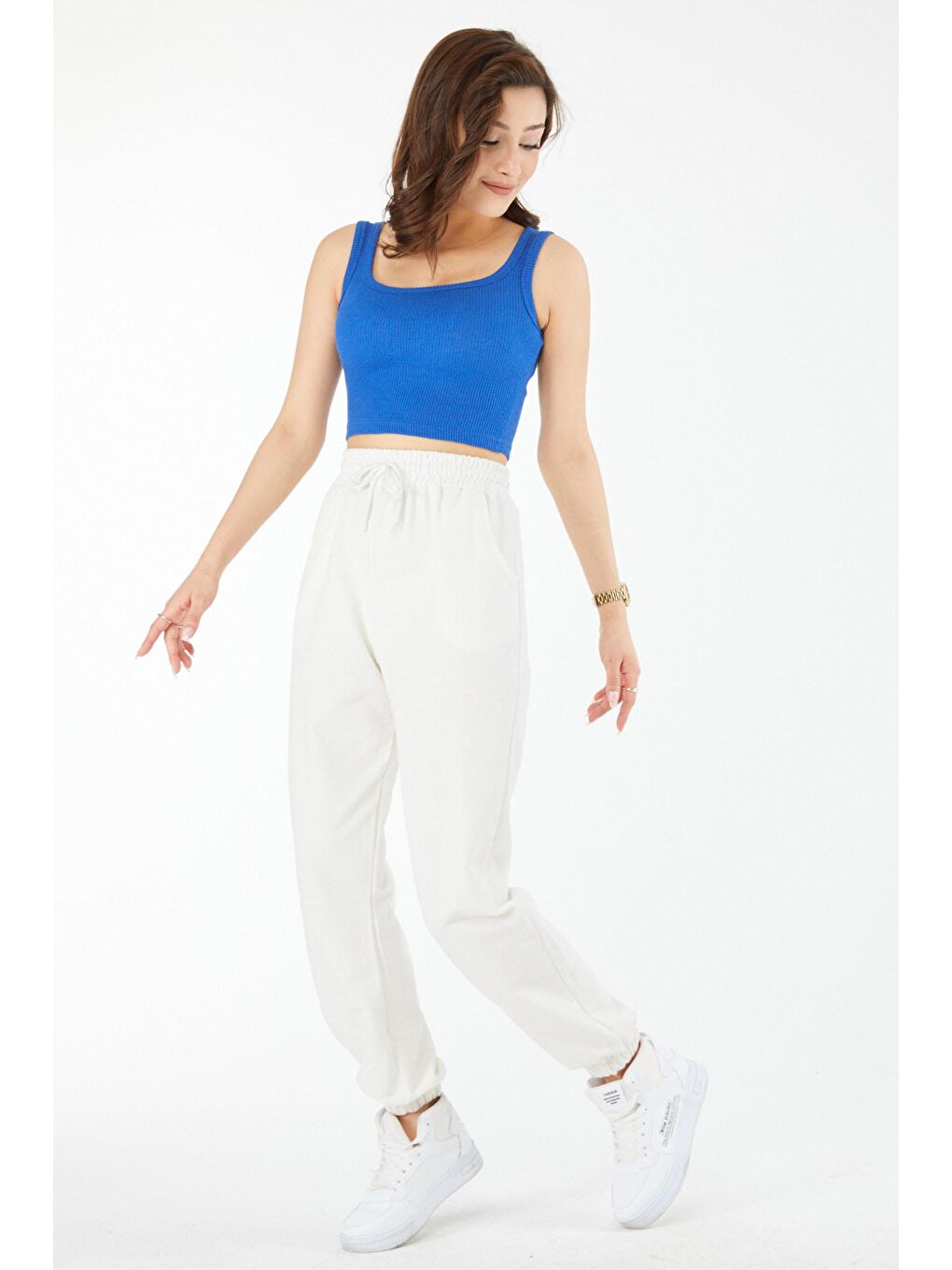 Bisiklet Yaka Kadın Mavi Kare Yaka Kısa Kollu Crop - 24439