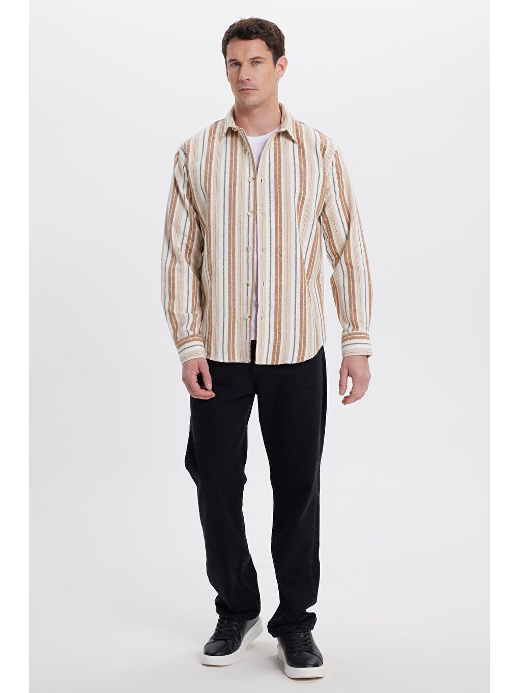 Ekru Erkek Relax Fit Rahat Kesim Spor Yaka Çizgili Oduncu Gömlek-4