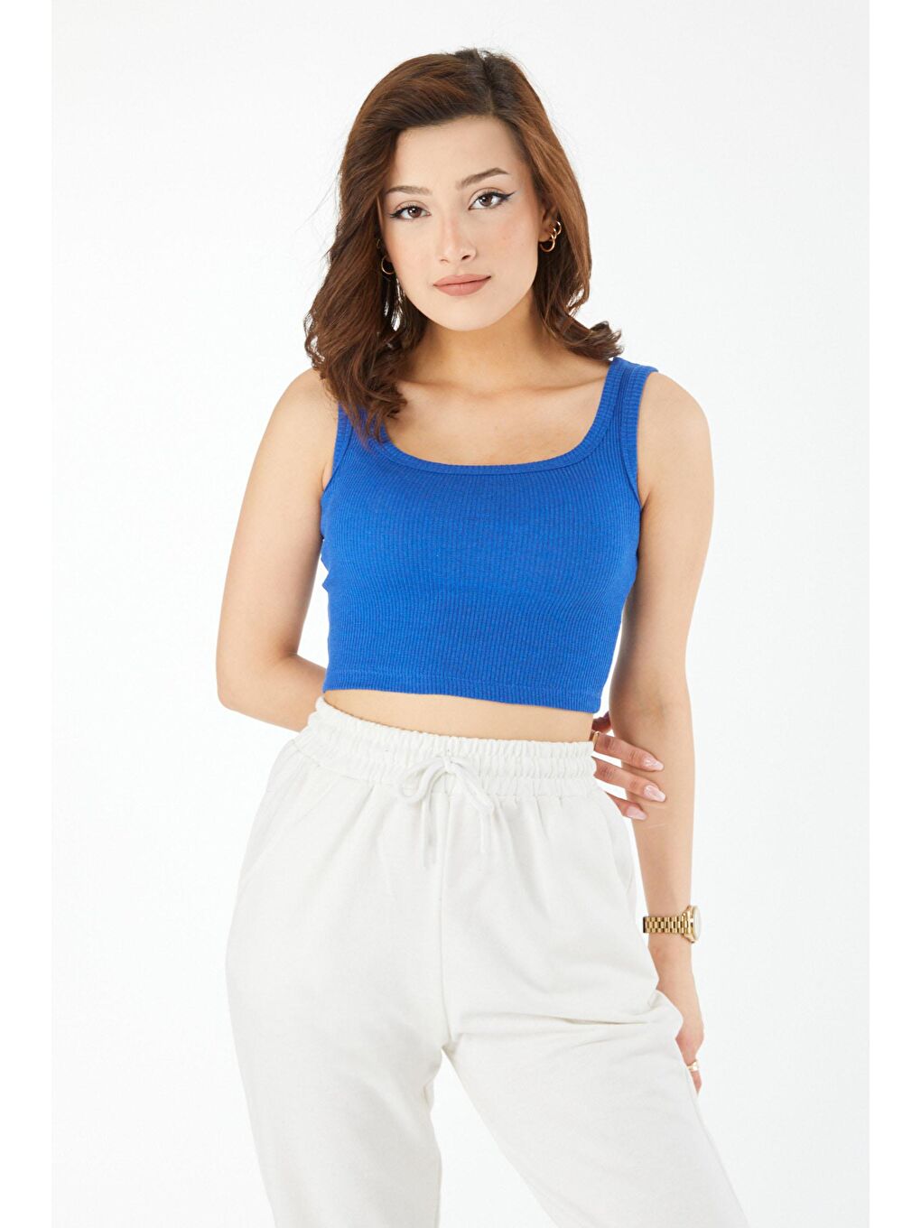 Bisiklet Yaka Kadın Mavi Kare Yaka Kısa Kollu Crop - 24439-1