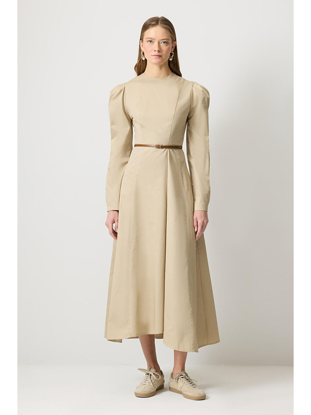 Bej Godeli Gabardin Elbise-1