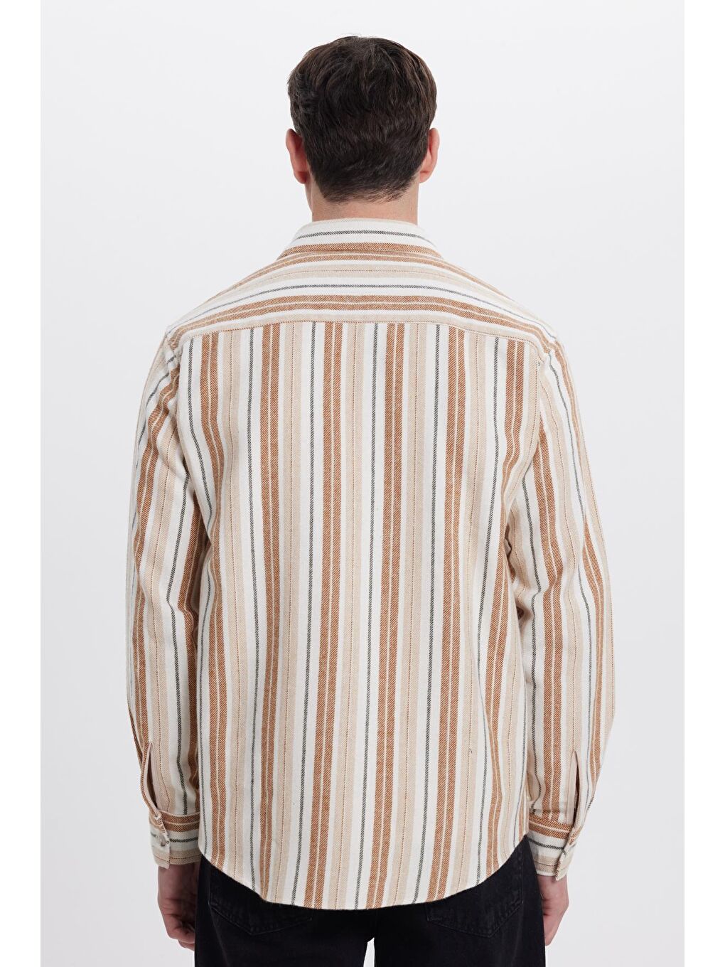 Ekru Erkek Relax Fit Rahat Kesim Spor Yaka Çizgili Oduncu Gömlek-7